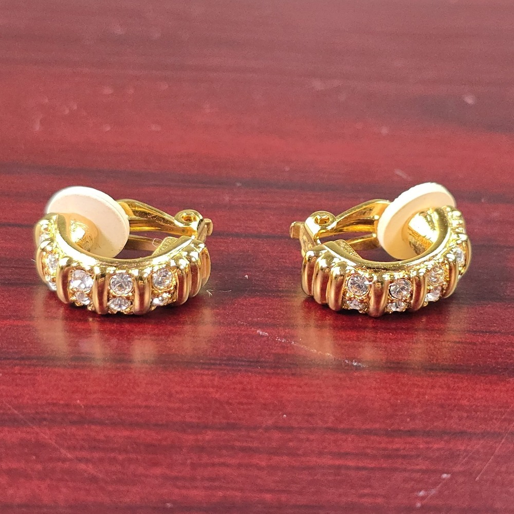 Vintage Swarovski Gold Tone Crystal Clip On Hoop Earrings